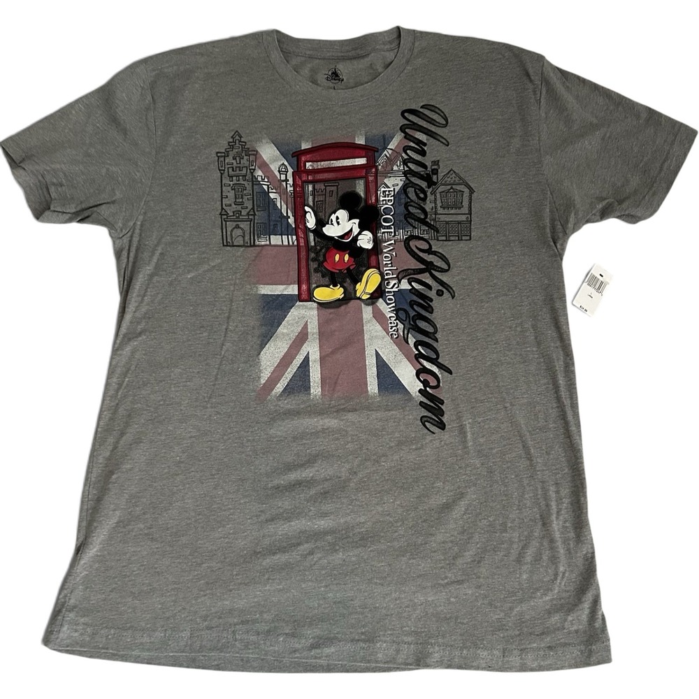 Disney EPCOT United Kingdom Tshirt L World Showcase Union Jack Phone Box Gray